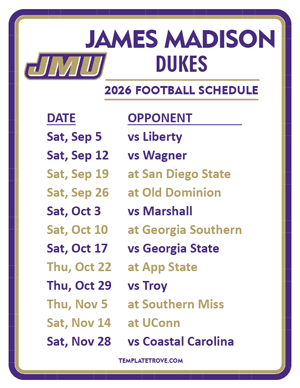 James Madison Dukes Football 2026
 Printable Schedule