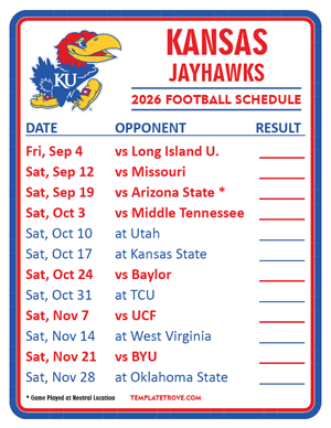 Kansas Jayhawks Football 2026
 Printable Schedule  - Style 2