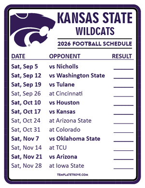 Kansas State Wildcats Football 2026
 Printable Schedule  - Style 2