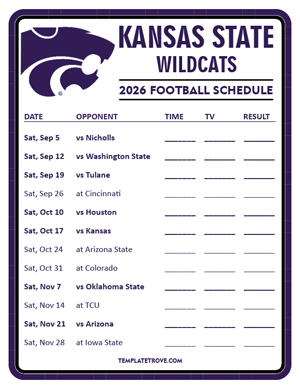Kansas State Wildcats Football 2026
 Printable Schedule - Style 3
