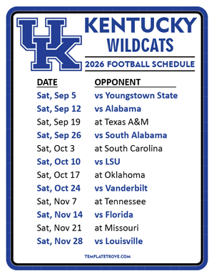 Kentucky Wildcats Football 2026
 Printable Schedule