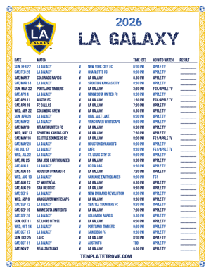 LA Galaxy 2026
 Printable Soccer Schedule - Central Times