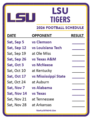 LSU Tigers Football 2026
 Printable Schedule  - Style 2