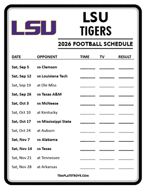 LSU Tigers Football 2026
 Printable Schedule - Style 4