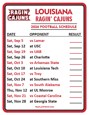 Louisiana Ragin Cajuns Football 2026
 Printable Schedule  - Style 2