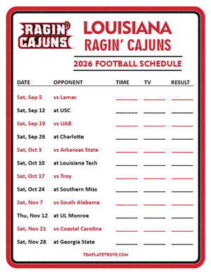 Louisiana Ragin Cajuns Football 2026
 Printable Schedule - Style 3