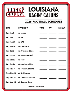 Louisiana Ragin Cajuns Football 2026
 Printable Schedule - Style 4
