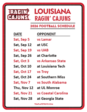 Louisiana Ragin Cajuns Football 2026
 Printable Schedule