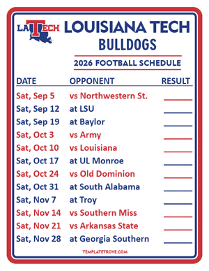 Louisiana Tech Bulldogs Football 2026
 Printable Schedule  - Style 2