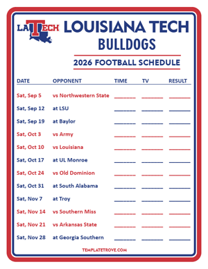 Louisiana Tech Bulldogs Football 2026
 Printable Schedule - Style 3