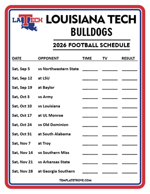 Louisiana Tech Bulldogs Football 2026
 Printable Schedule - Style 4