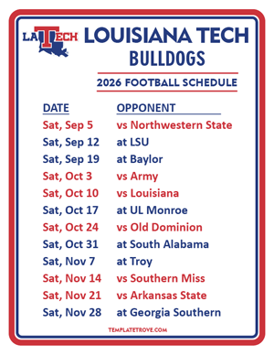 Louisiana Tech Bulldogs Football 2026
 Printable Schedule