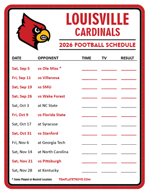 Louisville Cardinals Football 2026
 Printable Schedule - Style 3