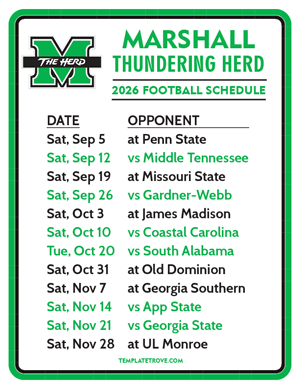 Marshall Thundering Herd Football 2026
 Printable Schedule