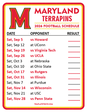 Maryland Terrapins Football 2026
 Printable Schedule  - Style 2