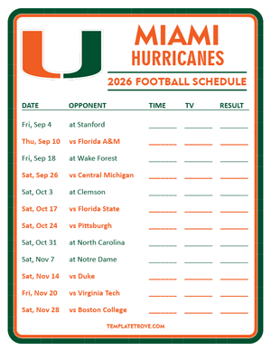 Miami Hurricanes Football 2026
 Printable Schedule - Style 3