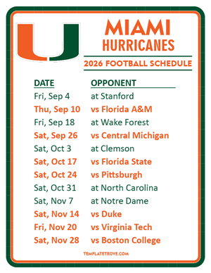 Miami Hurricanes Football 2026
 Printable Schedule