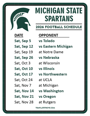 Michigan State Spartans Football 2026
 Printable Schedule