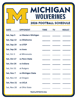 Michigan Wolverines Football 2026
 Printable Schedule - Style 3