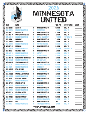 Minnesota United 2026
 Printable Soccer Schedule - Pacific Times