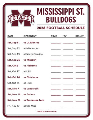 Mississippi State Bulldogs Football 2026
 Printable Schedule - Style 3
