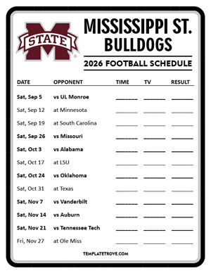 Mississippi State Bulldogs Football 2026
 Printable Schedule - Style 4