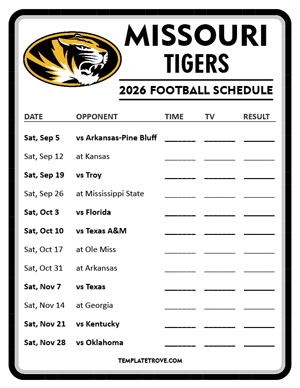 Missouri Tigers Football 2026
 Printable Schedule - Style 4