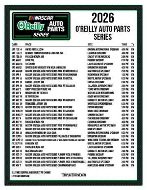 Printable 2026
 NASCAR O'Reilly Auto Parts Series Schedule - Central Times
