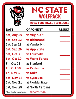 NC State Wolfpack Football 2026
 Printable Schedule  - Style 2