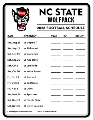 NC State Wolfpack Football 2026
 Printable Schedule - Style 4