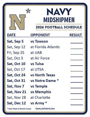 Navy Midshipmen Football 2026
 Printable Schedule  - Style 2