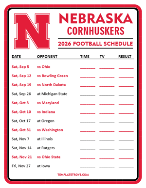 Nebraska Cornhuskers Football 2026
 Printable Schedule - Style 3