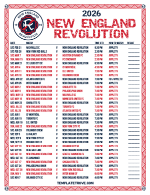 New England Revolution 2026
 Printable Soccer Schedule