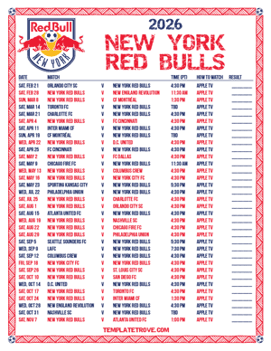 New York Red Bulls 2026
 Printable Soccer Schedule - Pacific Times