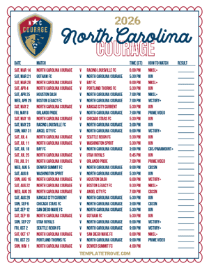 North Carolina Courage 2026
 Printable Soccer Schedule - Central Times