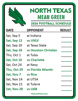 North Texas Mean Green
 Football 2026
 Printable Schedule  - Style 2