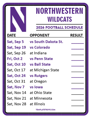Northwestern Wildcats Football 2026
 Printable Schedule  - Style 2