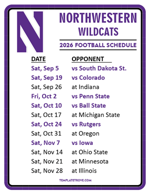 Northwestern Wildcats Football 2026
 Printable Schedule