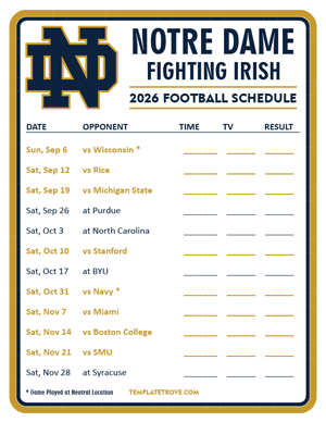 Notre Dame Fighting Irish Football 2026
 Printable Schedule - Style 3