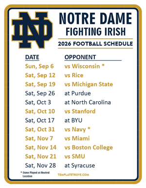 Notre Dame Fighting Irish Football 2026
 Printable Schedule