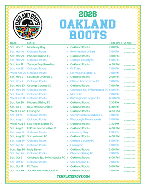   Oakland Roots 2026
 Printable Soccer Schedule - Pacific Times