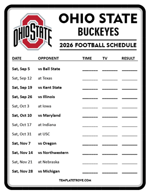Ohio State Buckeyes Football 2026
 Printable Schedule - Style 4