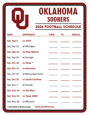 Oklahoma Sooners Football 2026
 Printable Schedule - Style 3