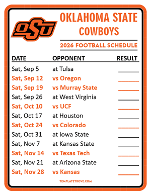 Oklahoma State Cowboys Football 2026
 Printable Schedule  - Style 2
