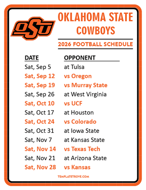 Oklahoma State Cowboys Football 2026
 Printable Schedule
