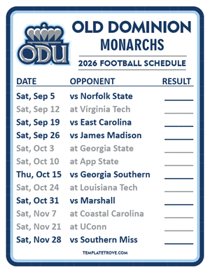 Old Dominion Monarchs Football 2026
 Printable Schedule  - Style 2