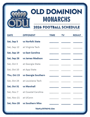 Old Dominion Monarchs Football 2026
 Printable Schedule - Style 3