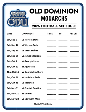 Old Dominion Monarchs Football 2026
 Printable Schedule - Style 4