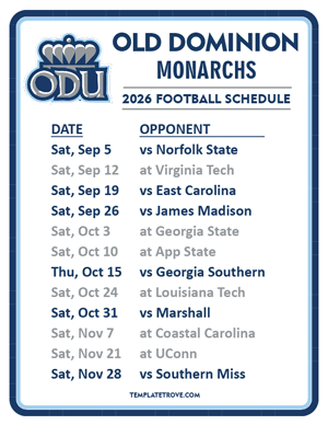 Old Dominion Monarchs Football 2026
 Printable Schedule