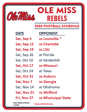 Ole Miss Rebels Football 2026
 Printable Schedule